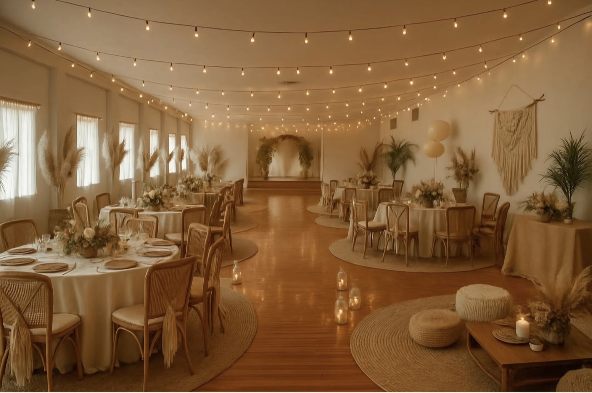 The upper floor set for a wedding reception with string lights across the length of the room