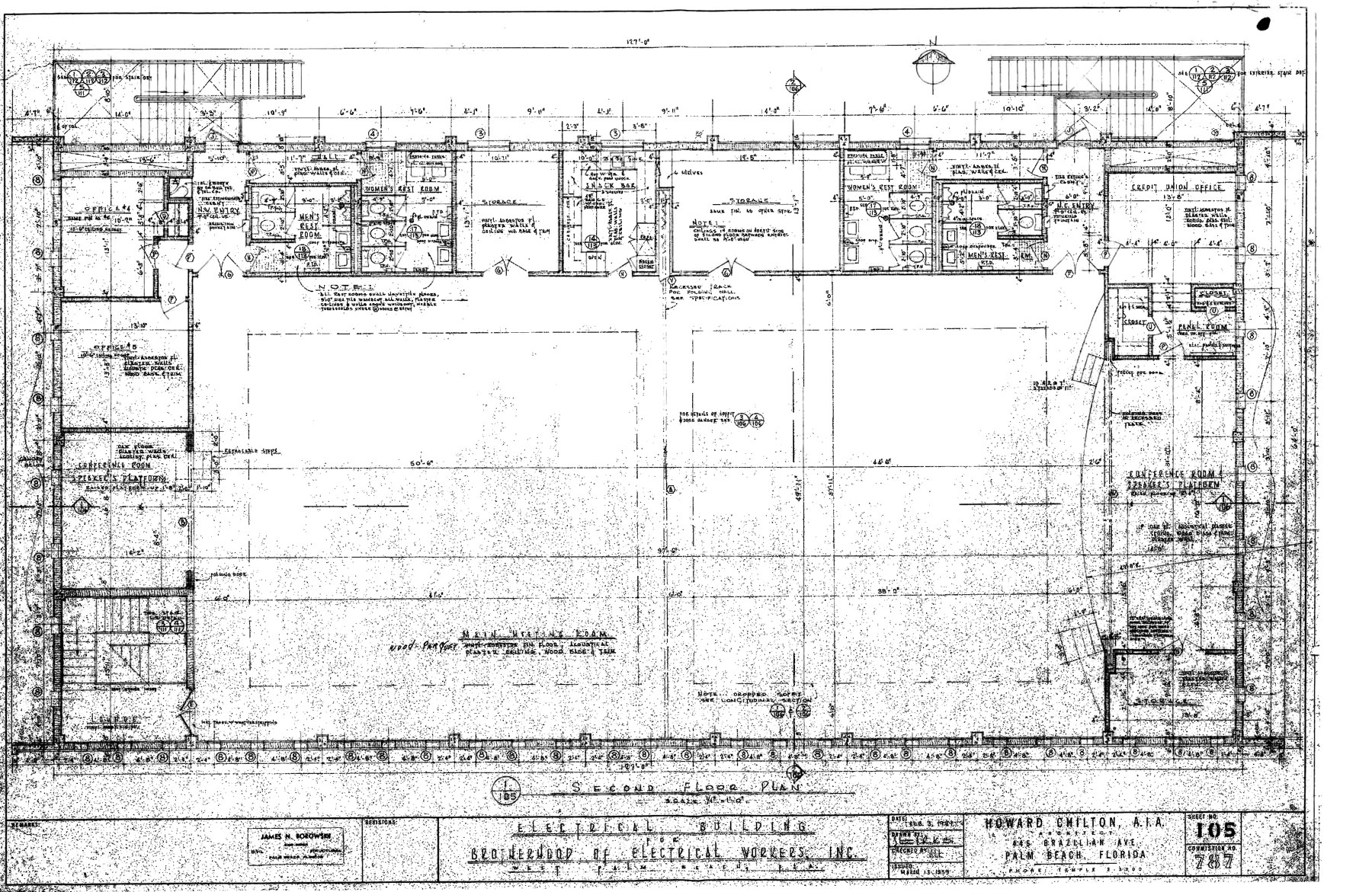 Original 1959 second floor plan by Howard Chilton, A.I.A., showing the Main Meeting Room at the center of the upper floor